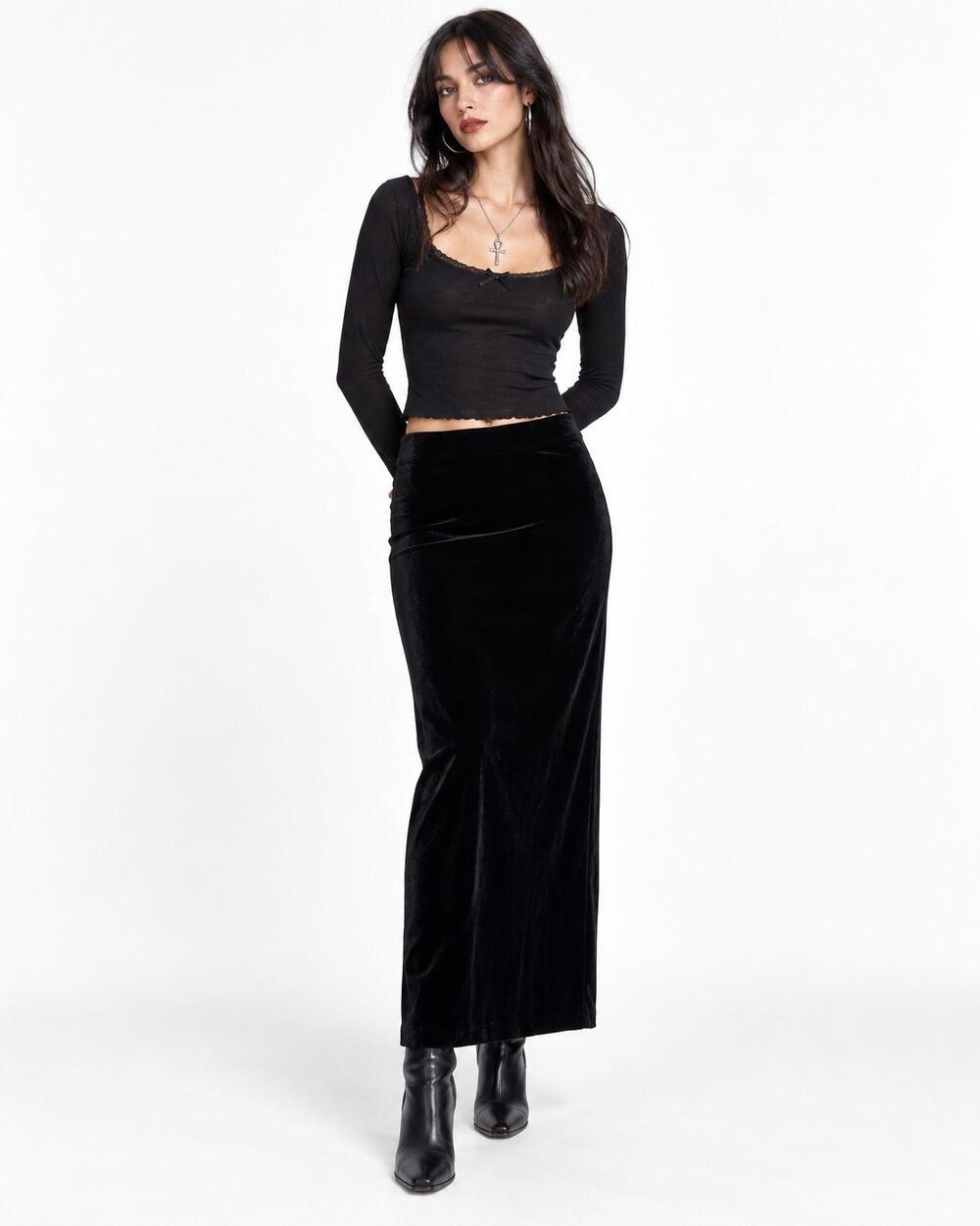 Vintage 90s Black Velvet Pencil Maxi Skirt Womens M Fall Witchy Whimsigoth